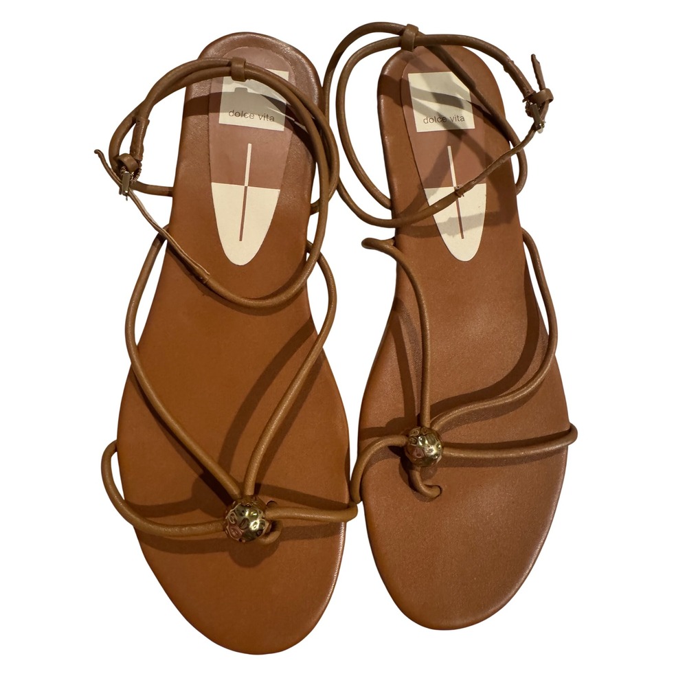Dolce Vita Tan Strappy Flat Sandals Gold Bead Detail Ankle Wrap Brown Size 10